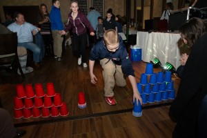 Blue and red cups stacked in a pyramid