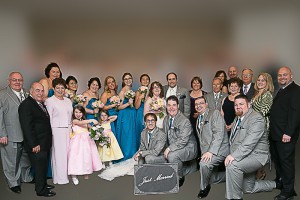 Group photo of Large attractive wedding party 