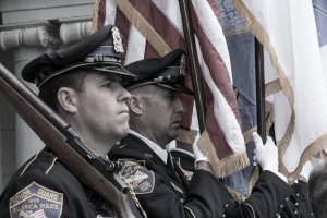 A close up shot of the Billerica Police Colorguard as they stood virtually motionless for 30 minutes during the Billerica, MA Memorial Day Remembrance of fallen heroes.